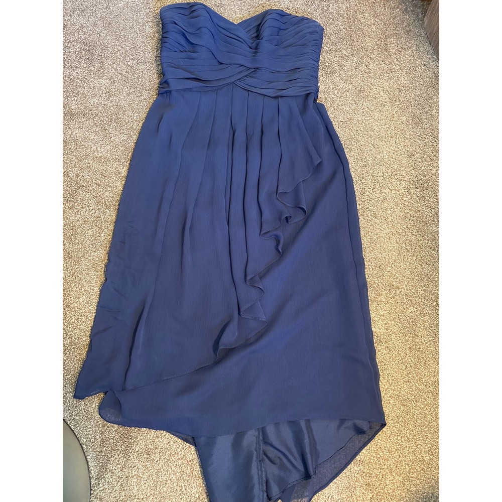 David's Bridal Strapless Dress Women 12 Navy Blue Excellent High-Low Chiffon